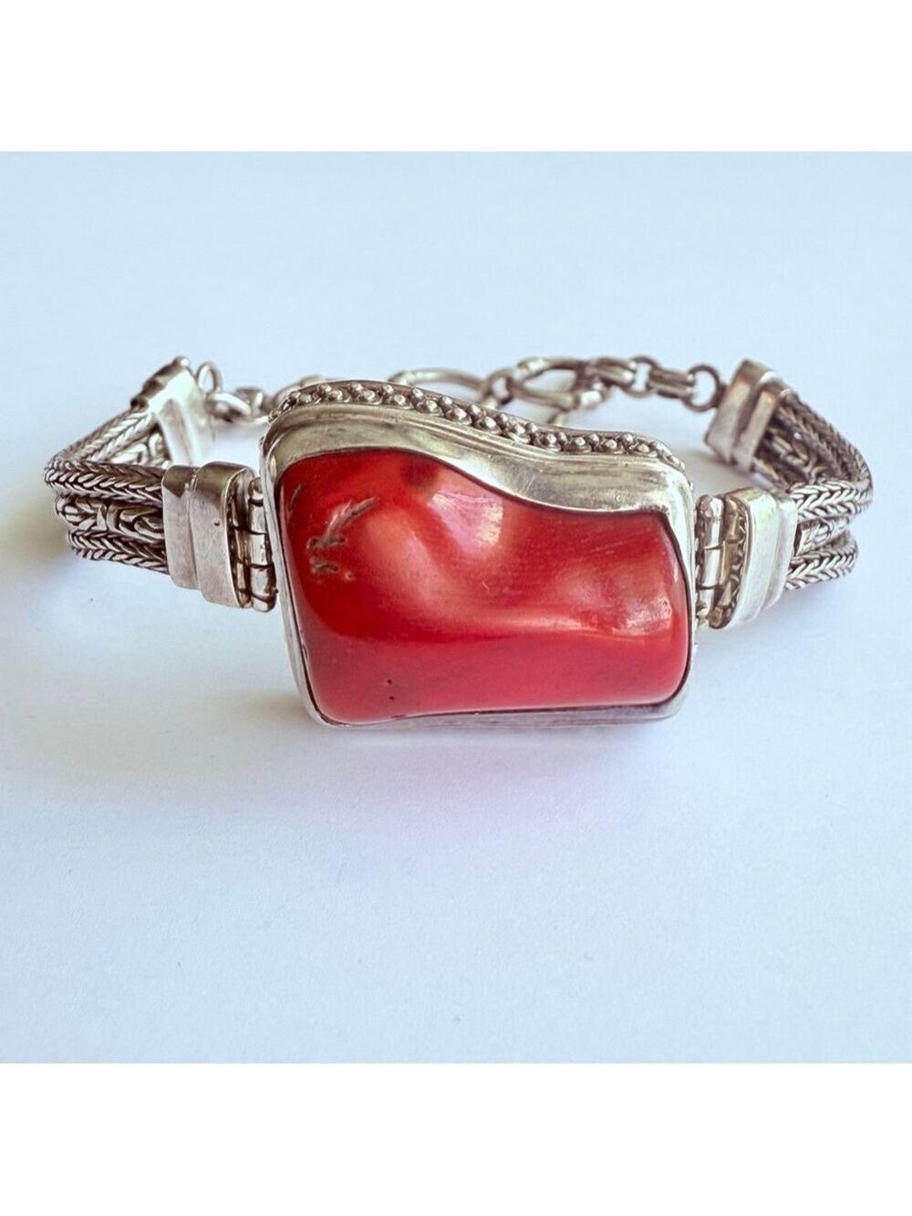 Sarda 30 CT Red Coral Bali 925 Sterling Silver 7.5mm Triple Chain Bracelet